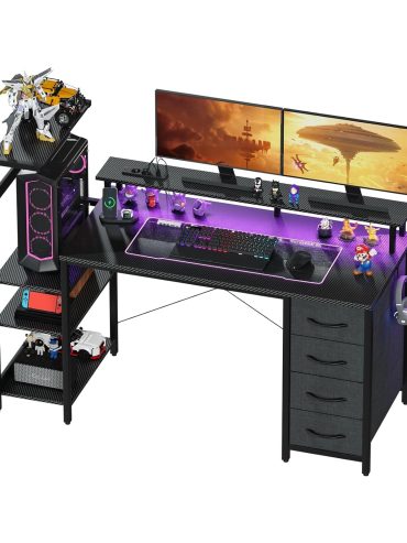 YOUDENOVA Bureau Gaming LED,130×50 Bureau Gaming avec Rangement,Bureau Gamer avec Éclairage LED & Prise Intégrée,Bureau avec Rangement,Noir Fibre de Carbone