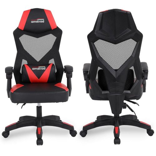 Gaming Chair – AMSTRAD – AMS-309-BK – Black & Red – Breathable Mesh Fabric – Lumbar Cushion